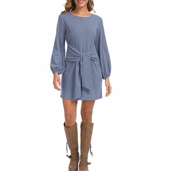R. Vivimos Dusty Sky Blue Knit Tie Front Dress Size M 8/10 - Picture 1 of 8